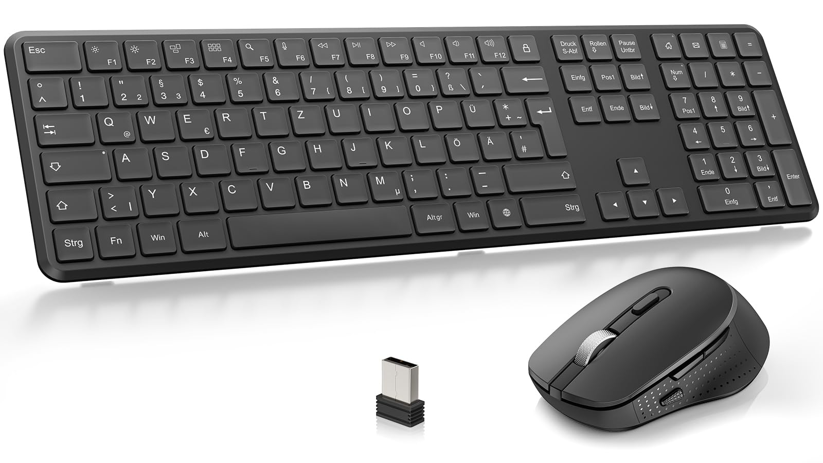 OMOTON Tastatur Maus Set Kabellos, Funktastatur und Maus 2,4 GHz in Voller Größe, QWERTZ Deutsches Layout Kabellose Tastatur mit Maus für Windows 11/10/8/7, Desktop, PC, Laptop (Batterien), Schwarz