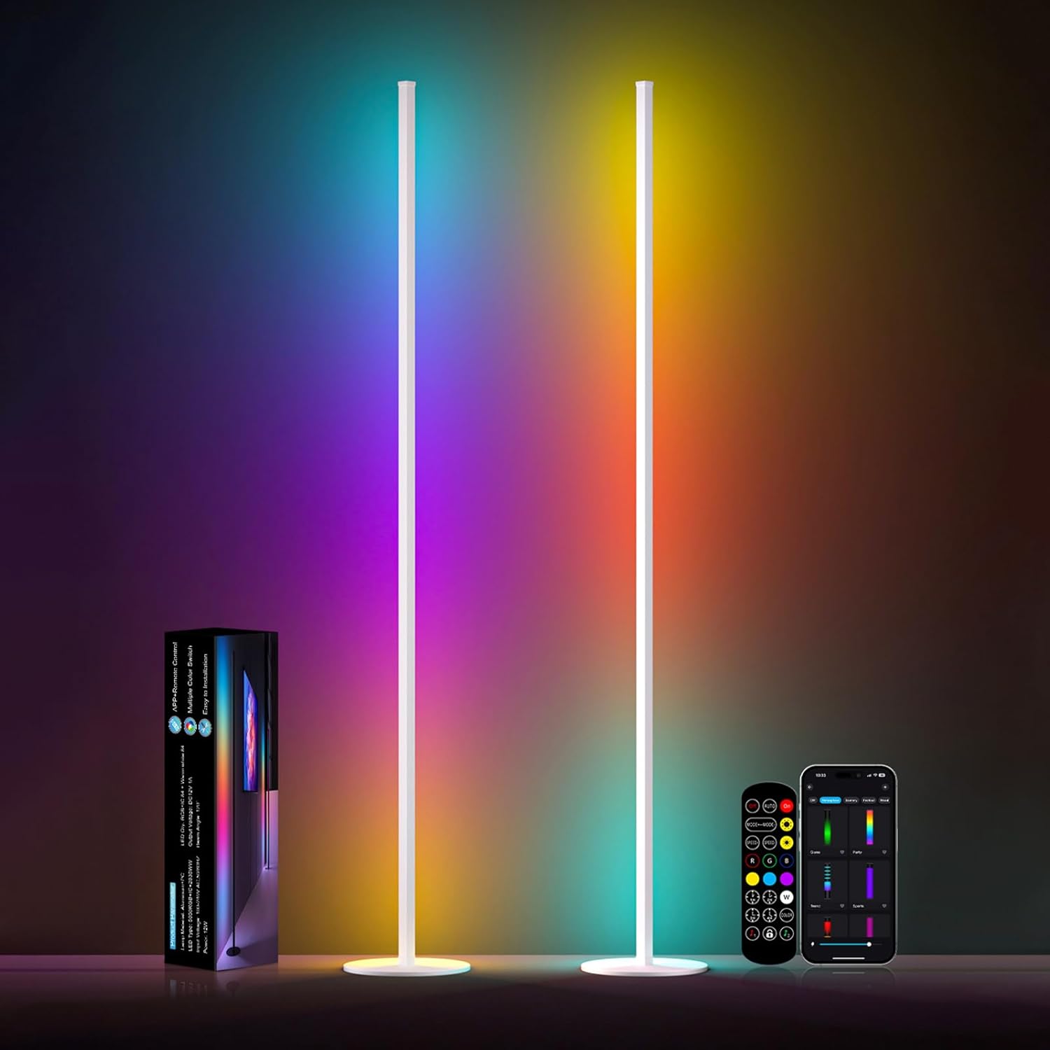 White Corner Floor Lamp 1 Pair, LED Corner Lamp with Remote Control, APP Control 16 Million Colors, Timing, Color Changing Ambient Lighting for Living Room, Bedroom, Gaming (Only One Adaptor)