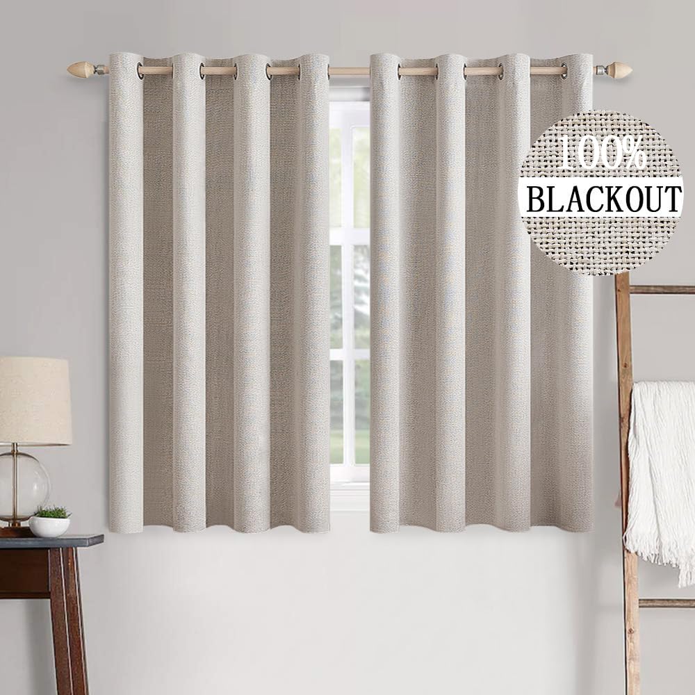 MIULEE 100% Blackout Linen Textured Curtains for Bedroom Solid Thermal Insulated Ivory Grommet Room Darkening Curtains & Drapes Luxury Decor for