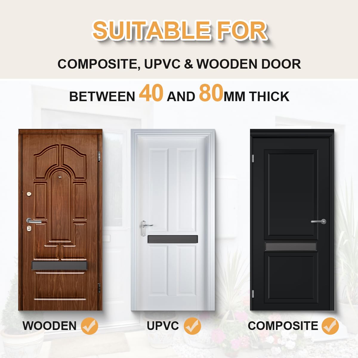 Bwintech 1 juego de buzón de puerta de aluminio negro de profundidad ajustable de 325 x 50 mm (12,8"), apto para puertas de 40-80mm de grosor de madera, UPVC, compuesto, interiores y exteriores