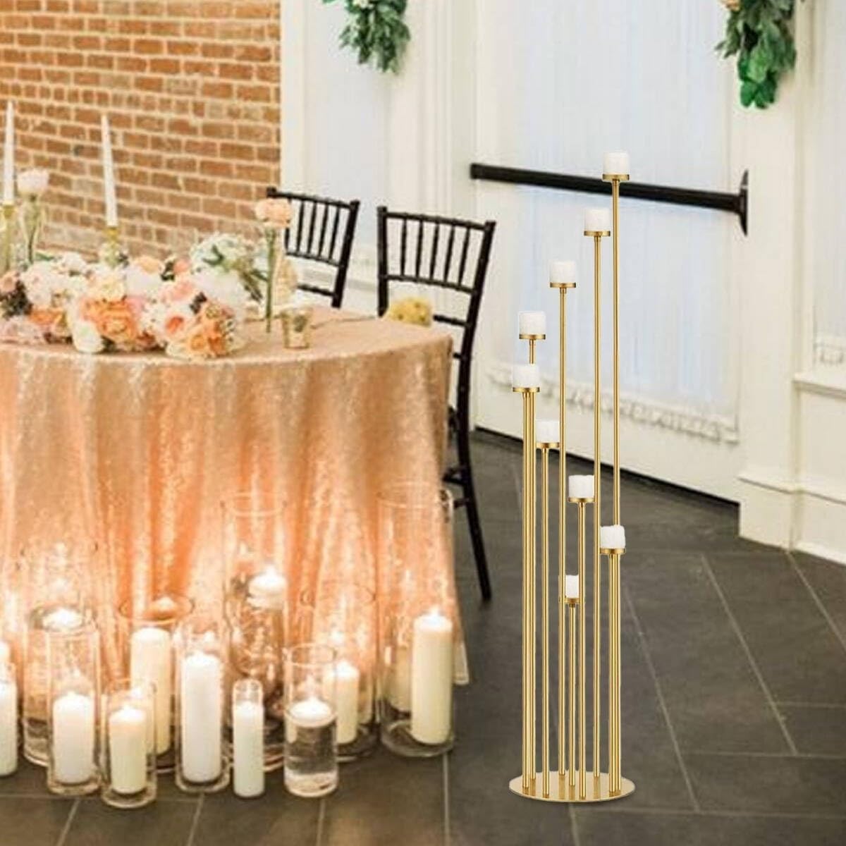 Floor Candelabra Centerpiece, 9-arm Floor Candle Holder Set with Acrylic Shades for LED Candles, Metal Pillar Candelabra Candlestick Holders for Ceremony Party Home Wedding Decoration(Gold)