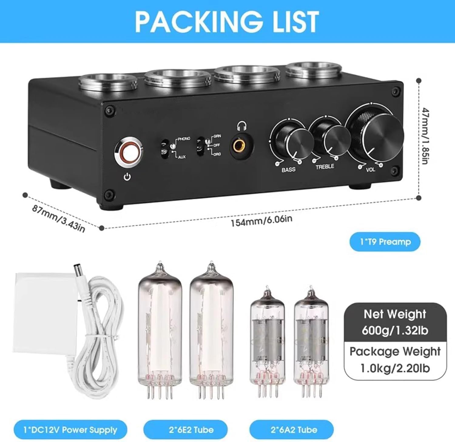 Phono Preamplificador de tubo de vacío con control de ganancia y perilla de volumen, reproductor de discos MM, RCA estéreo/3,5 mm para sistema de audio doméstico