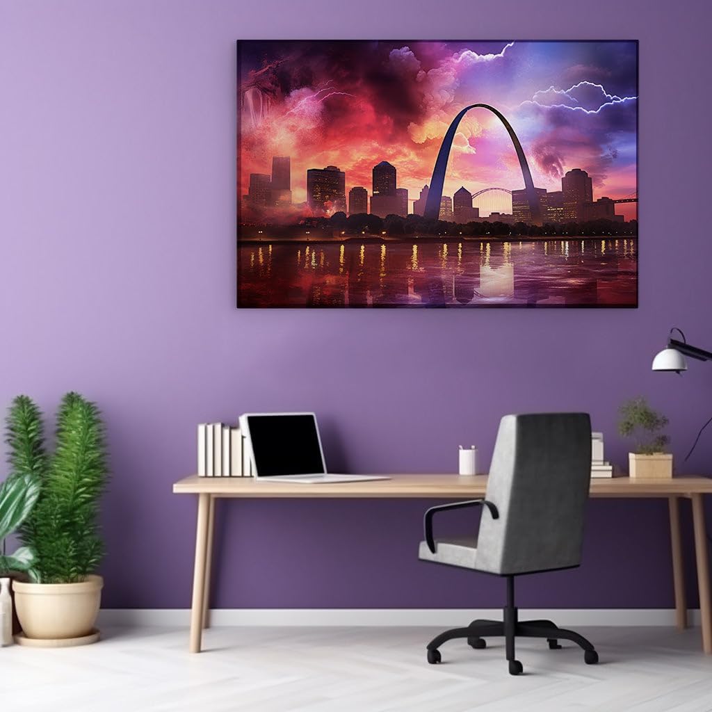 Canvas for Living room. Dramatic Dusk Over St. Louis: A Digital Masterpiece of Storms and Skylines, 27 x 18 inch Canvas Wall Art - Contemporary Masterpieces - Modern Home Decor