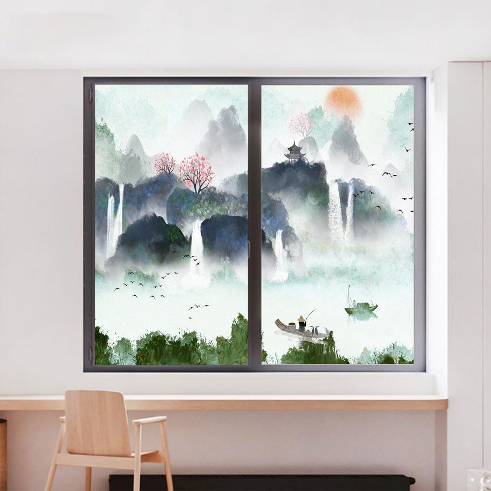 Beautiful Painting Static Cling Privacy Window Film Decorative Glass Film Frosted Glue Free Glass Window Sticker for Home Office W34.6 x H49.2(88x125cm)