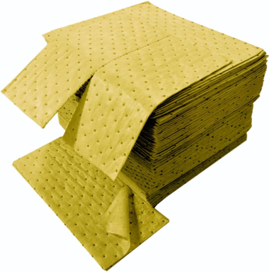 Chemical Absorbent Pads - Absorb Agressive Chemicals, Acids, Alkalis - Spill Control Sheets - 16" x 18", 100 Sheets, Sonic Bonded Core with Spun Bound Top Layer, Yellow - Indoor/Outdoor Use