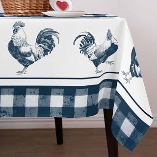 Vintage Blue Plaid Waterproof Table Cloth Farm Cock Chicken Animal Watercolor Waterproof & Wrinkle Table Cover, Washable Polyester Soft Fabric Table Cloth for Outdoor Indoor Parties