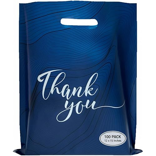 Rainbows & Lilies 100 Thank You Plastic Bags with Handles 12"W x 15"H Thick Reusable Bulk Shopping Bags for Small Business, Retail Merchandise, Boutique Gifts, Clothes, Goodie Party Favors (Navy Blue)
