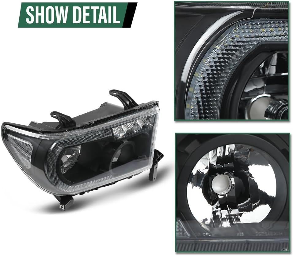 GRAND ORANGE Pair Headlights Assembly Compatible with Toyota Tundra 2007-2013/Toyota Sequoia 2008-2017 Left Driver & Right Passenger Side Clear Lens Black Housing Clear Reflector