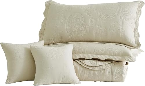 Miniatura 8 de Colcha extragrande de algodón tamaño King, diseño reversible de cachemira, funda de ropa de cama ligera, juego de 5 piezas - KingCal King, caqui