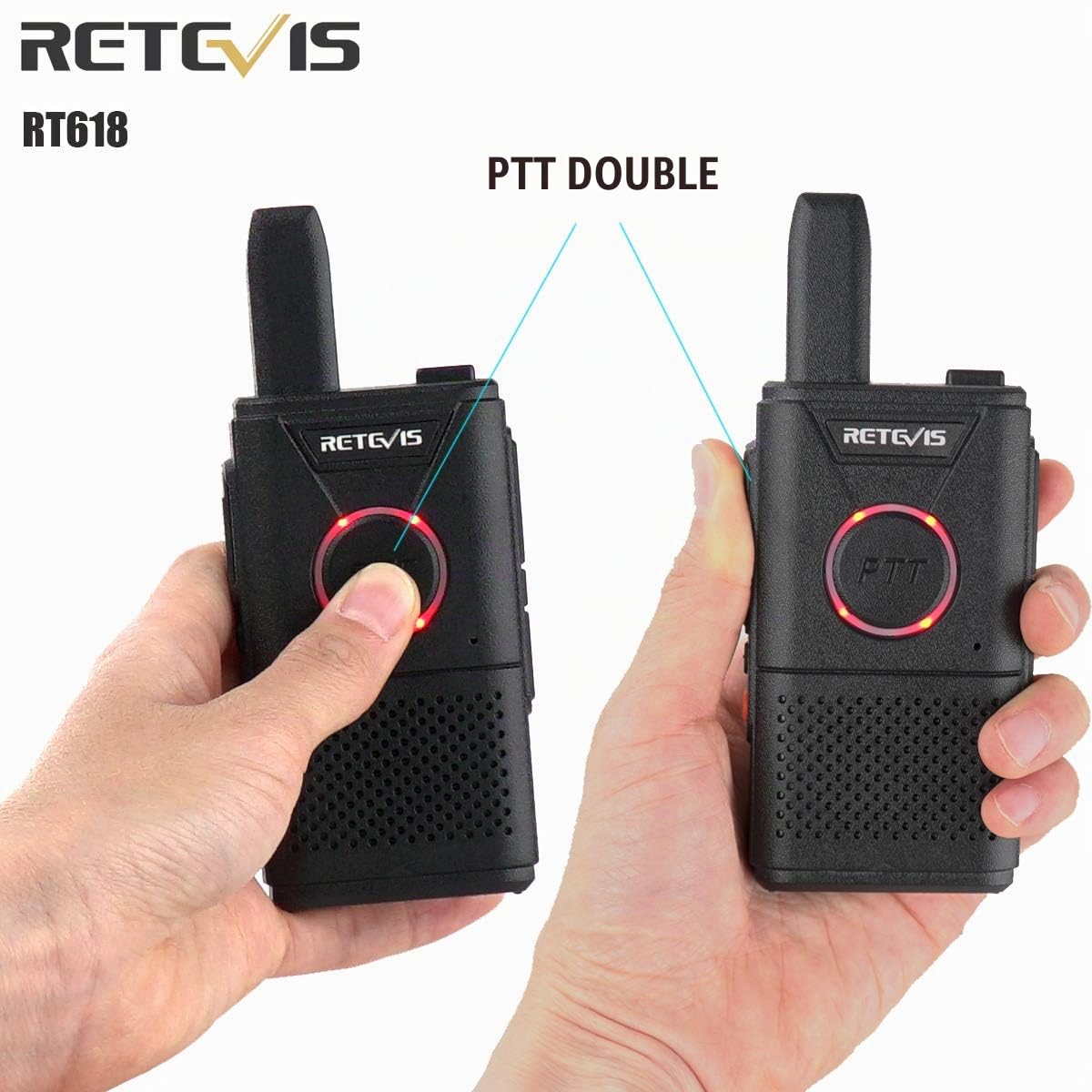 Retevis RT618 Talkie Walkie sans Licence, PMR446 Double PTT VOX Scan Moniteur 16 Canaux,Talkie Walkie per Famiglia, All'aperto (2 Pièces, Noir)