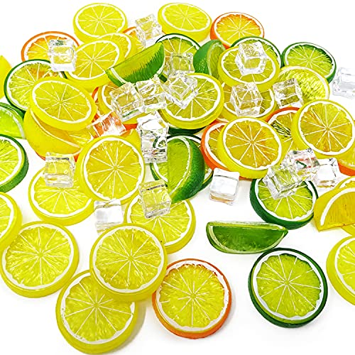 yueton 50Pcs Lemon Limes Fake Lemon Block 20Pcs Clear Acrylic Ice Cube Double Side Decorative Fake...