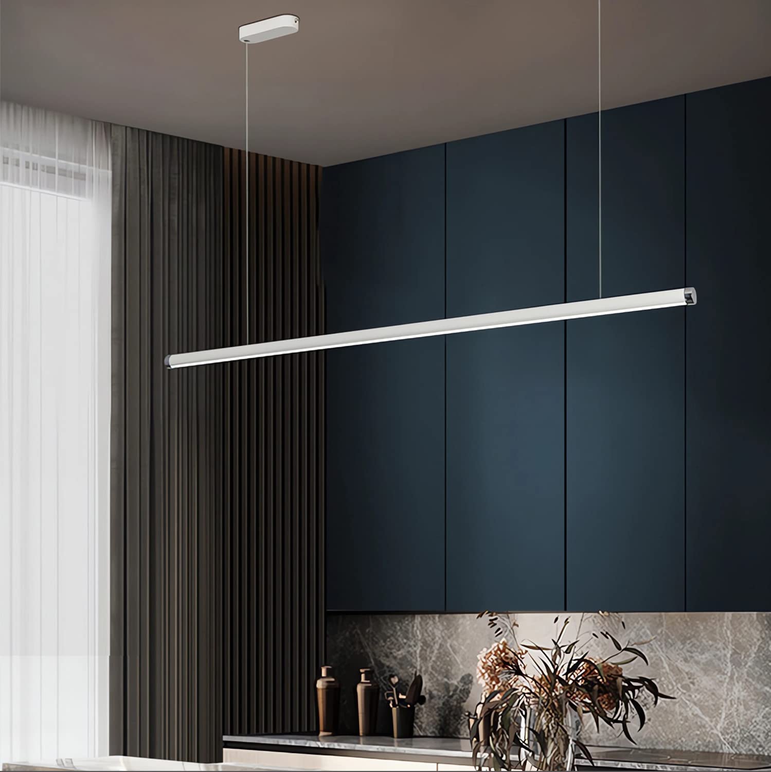 Pendant Light LED Hanging Lamp Dining Table Modern Minimalist Dimmable Linear Design Pendant Lamp with Remote Control Kitchens Office Bar Dining Room Adjustable Ceiling Lamp (White, 100cm)