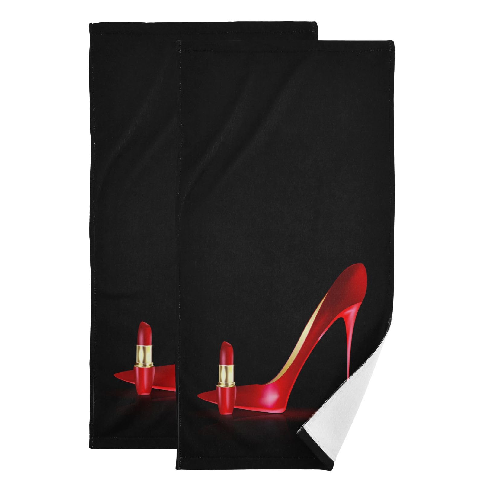 KENADVI Black Red Hand Towels for Bathroom Kitchen Set of 2 High Heels Lipstick Modern Fashion Women Soft Absorbent Kitchen Towel Decorative Bathroom