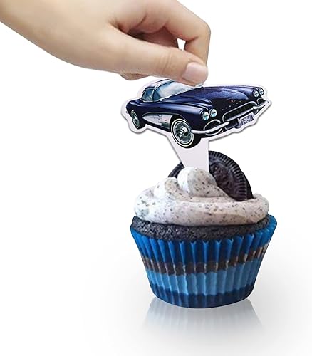 Miniatura 7 de Classic Cars - 24 piezas de adornos para cupcakes, convertibles vintage de los años 50, suministros de fiesta temática, recuerdos de tartas para