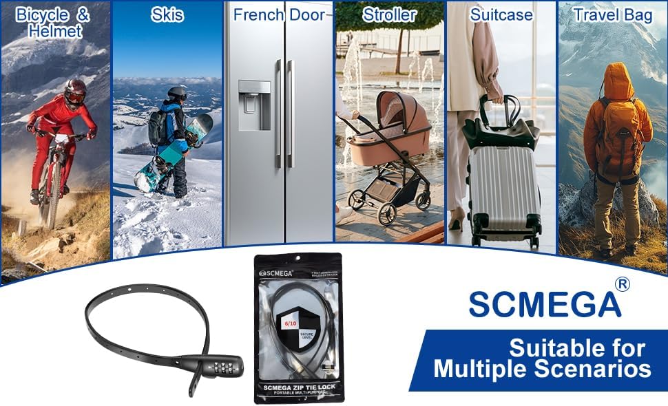 Miniatura 7 de Paquete de 2 candados de cable combinados de 3 dígitos con cierre de cremallera, ajustable y ligero para bicicletas, cascos, armarios, neveras,