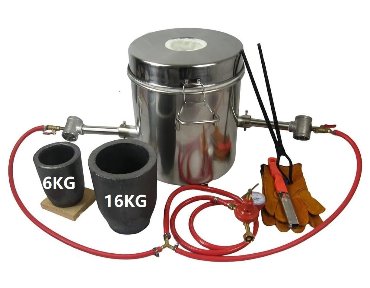 Set di forno a fusione a gas propano con doppi bruciatori 16 kg, fino a 1425 °C, 2 crogioli in grafite (16 kg e 6 kg), per fusione di metallo, rame, ottone, alluminio, con forma a lingotto, pinze e
