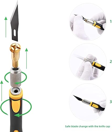 Miniatura 10 de FOSHIO Juego de 2 cuchillos de precisión para manualidades con 20 cuchillas de repuesto, mango ergonómico antideslizante con cubierta protectora