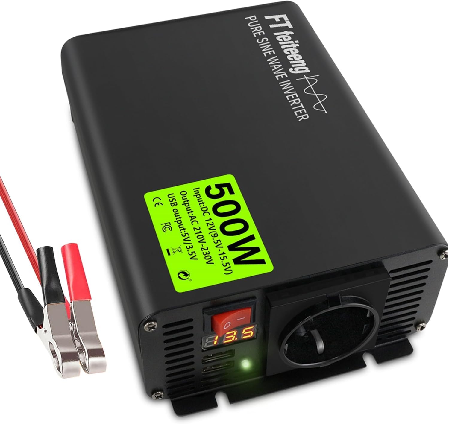 Inverter a onda sinusoidale pura, da 12 V CC a 220 V/230 V AC, display a LED, doppia porta USB 5 V/3,4 A, adatto per campeggio, camper, camion (500 W)