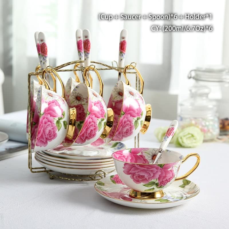 Elegante Rose Porzellan Kaffee Set Keramik Teekanne Zucker Schüssel Creamer Pastoralen Bone China Tee-Set Party Topf Becher Tee Tasse kaffeegeschirr (Color : 6cups N Holder)