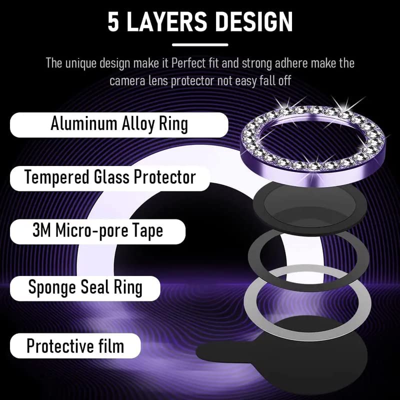 Image of Blling Diamond for iPhone 14 Pro /iPhone 14 Pro Max Camera Lens Protector Tempered Glass Alloy Metal individual Rings 9H Lens Ring Cover Case Friendly (3 Pack, Purple Diamond)
