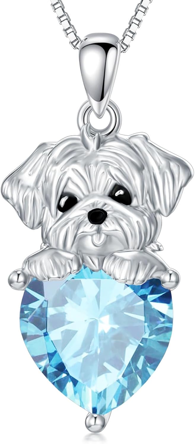 LONAGO Maltese Dog Pendant Necklace with Synthetic Birthstone Silver Dog Necklace Gift for Women