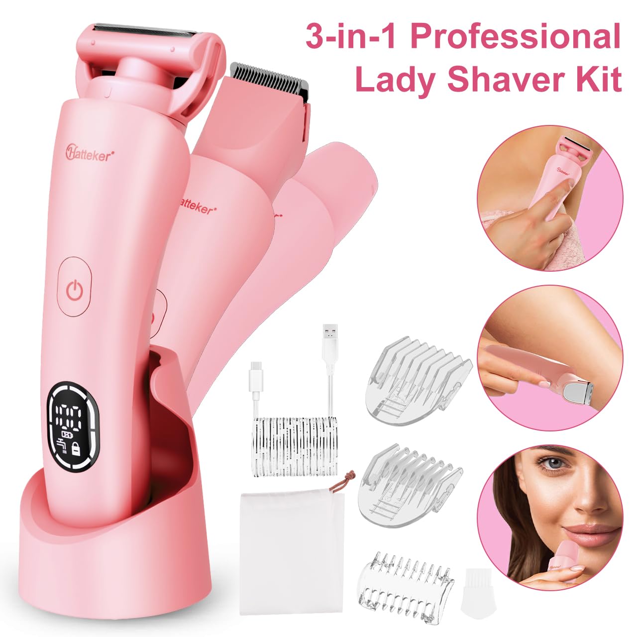 Hatteker Afeitadora Eléctrica para Mujer Zona Íntima Bikini 3 en 1 Recargable con Pantalla LED Impermeable IPX7 Rosa