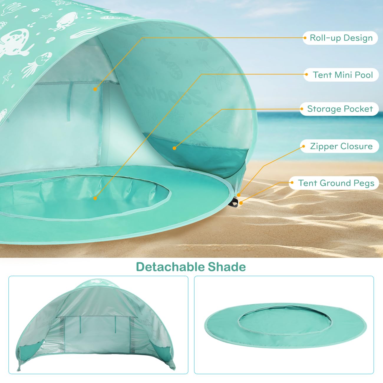Tente Anti-UV Bébé, Grande Tente de Plage pour Bébé avec Mini-Piscine-Système Pop-Up avec Jouets, Protection Solaire FPS 50+ pour Maison, Cour, Camping, Menthe Verte