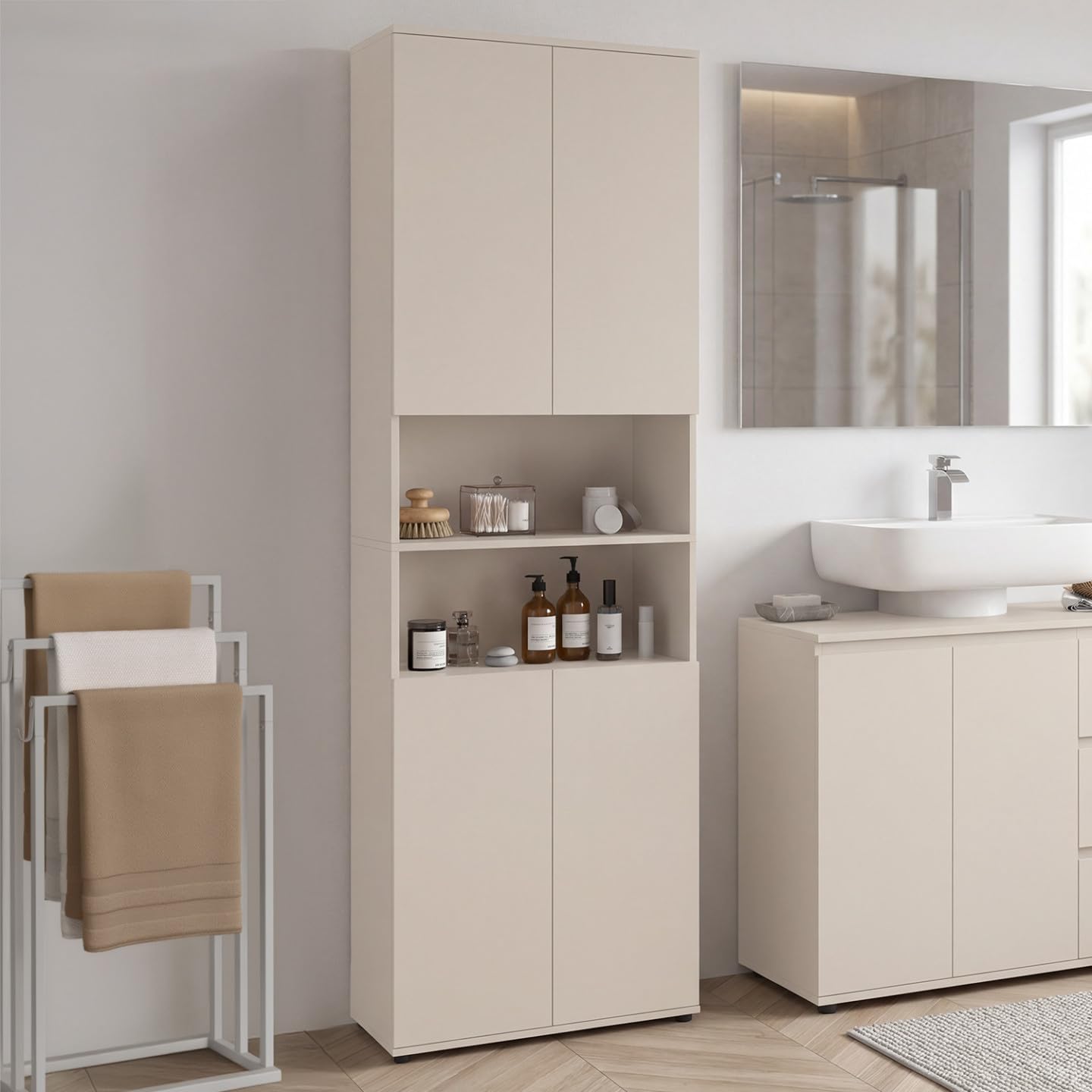 IDMarket - Mueble de baño TOMI 4 puertas 2 nichos madera color beige
