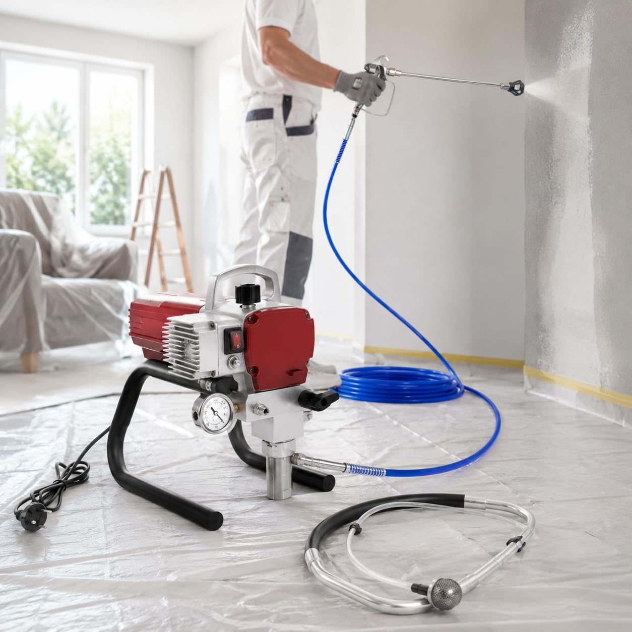 Dispositivo di verniciatura a spruzzo professionale 1,8 KW, Airless Paint 250 mm con tubo di 13 m, sistema di verniciatura a spruzzo airless ad alta pressione 1,8 l/min