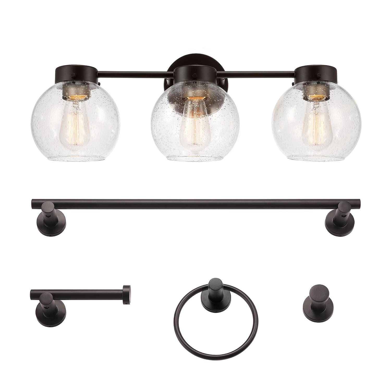 Globe Electric 63000202 5-Piece All-in-One Bathroom Accessory Set with 24" 3-Light Vanity Light, Dark Bronze, Seeded Glass Shades, Towel Bar, Robe Hook, Toilet Paper Holder, Towel Ring, Powder Room