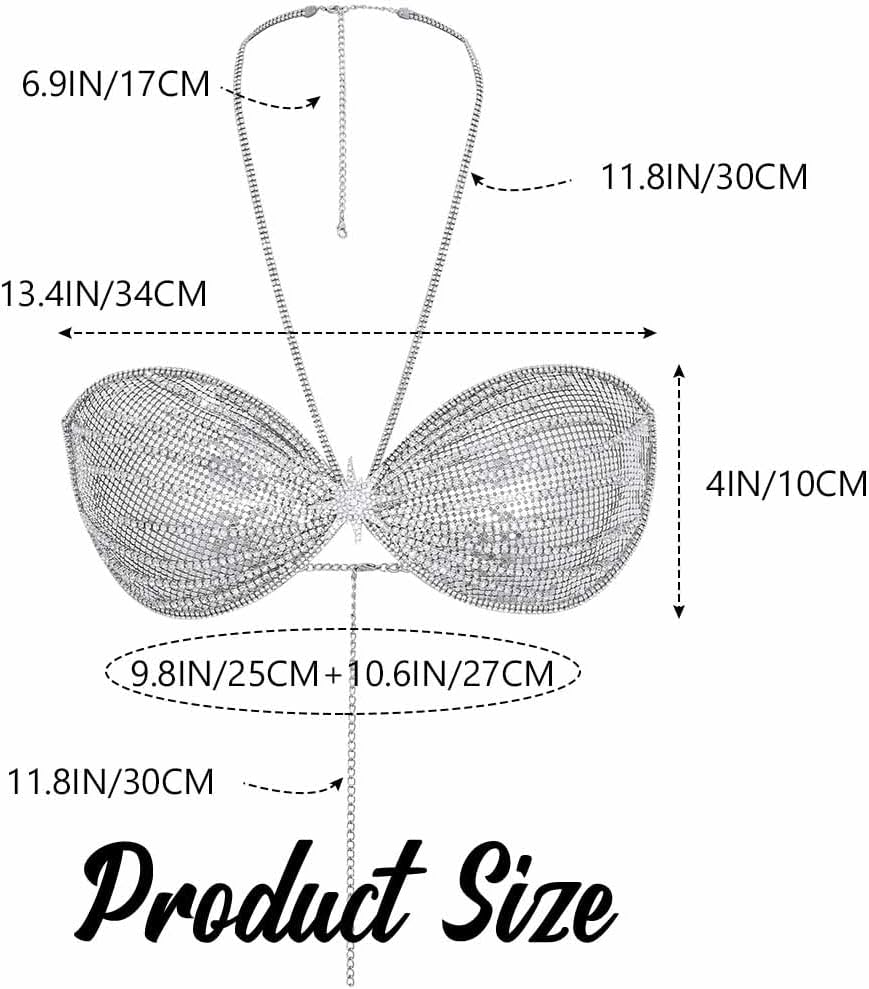 JEWEKY Sparkly Rhinestone Bra Top Silver Sequin Chest Top Nightclub Rave Beach Star Halter Tops for Women