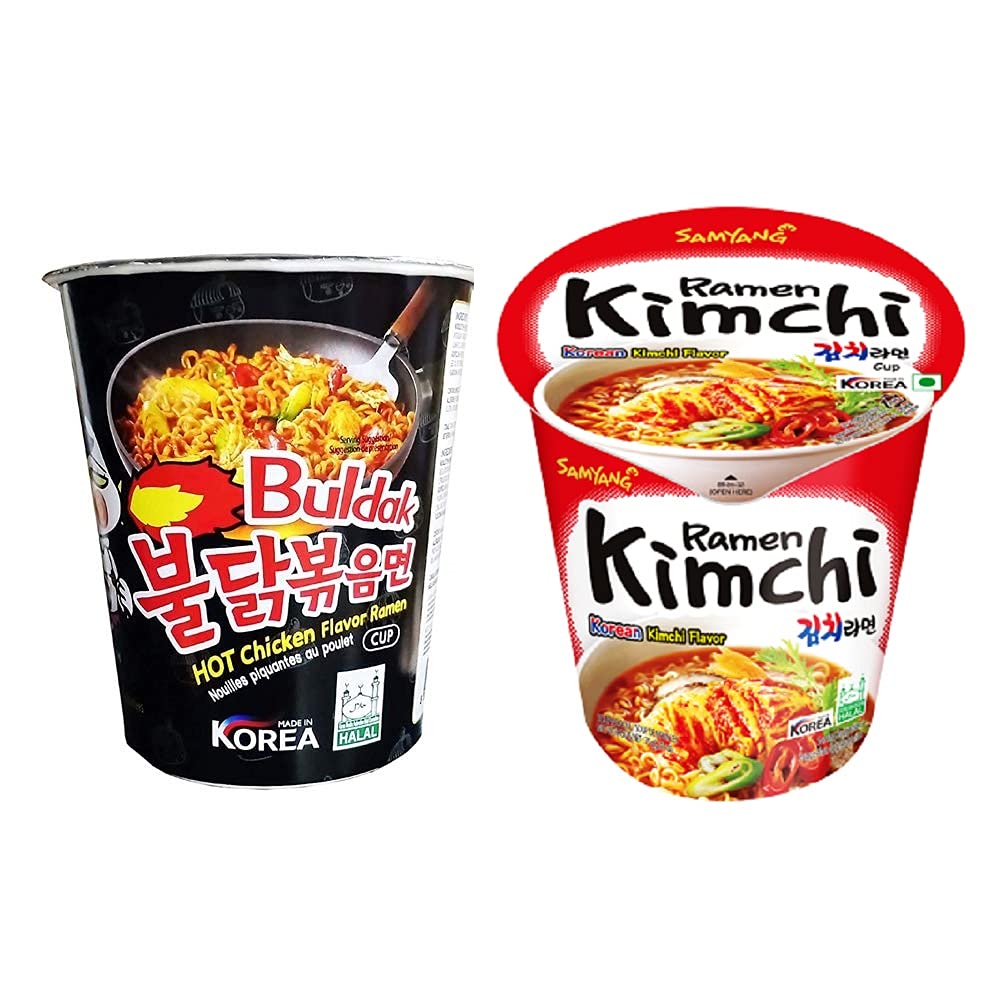 Samyang Stir Fried & Kimchi Hot Chicken Flavour Raman Cup Noodles, 70mg*2 Pack (Pack of 2) (Imported)