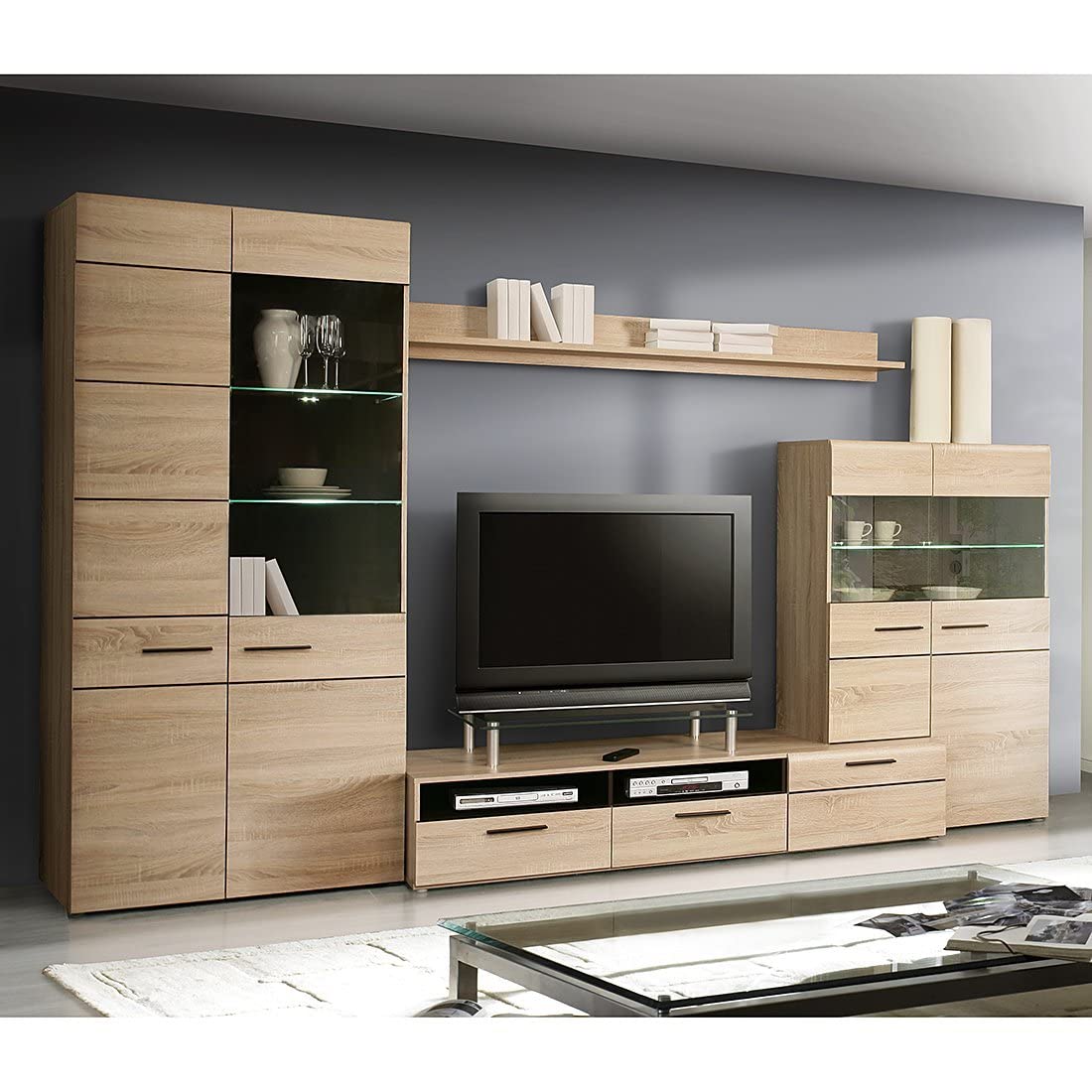 FORTE Combino Wohnwand mit 2 Türen, 3 Glastüren und 2 Schubladen, Holzwerkstoff, Sonoma Eiche/ Denver Eiche / Wenge, 197 x 330 x 52 cm