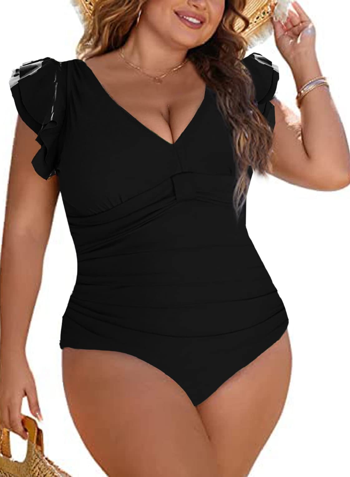 JoligiaoMujer Bañadores Traje de Baño Una Pieza Tallas Grandes Barriga Bañadores Cintura Alta Cuello en V Fruncido Monokini Volantes Ropa de Baño Playa Push up Bañador Reductor