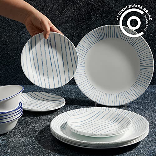 Corelle 18-Piece Dinnerware Set, Service For 6, Lightweight Round Plates And Bowls Set, Vitrelle Triple Layer Glass, Chip Resistant, Microwave And Dishwasher Safe, Nautical Stripes #TOP1