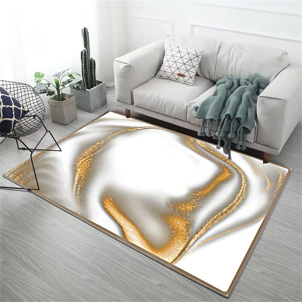 Tapis de salon lavable blanc et doré 60x120cm au style floral abstrait chic