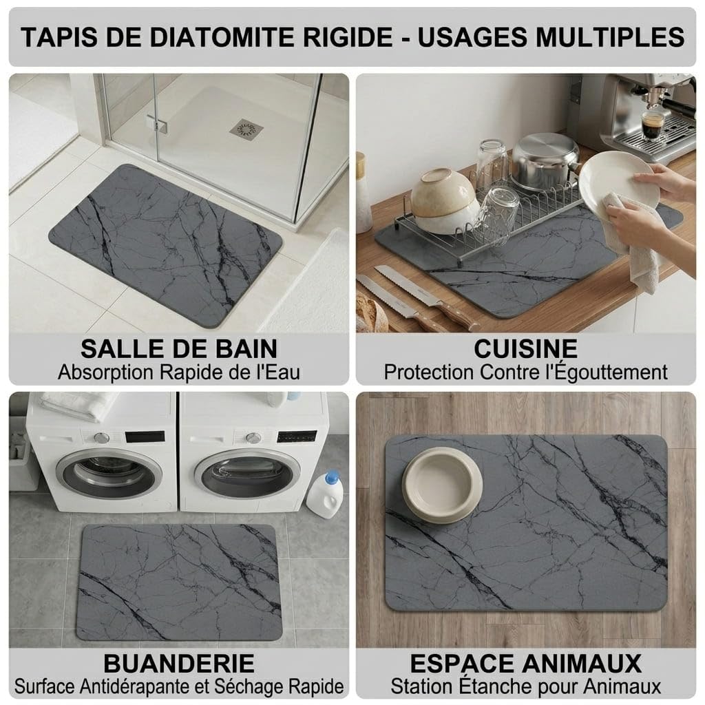 Tappetino da Bagno in Pietra Dura di Diatomite 60x40 cm, Tappetino in Pietra ad Asciugatura Rapida, Super Assorbente, Facile da Pulire, Antiscivolo, per Bagno e Cucina