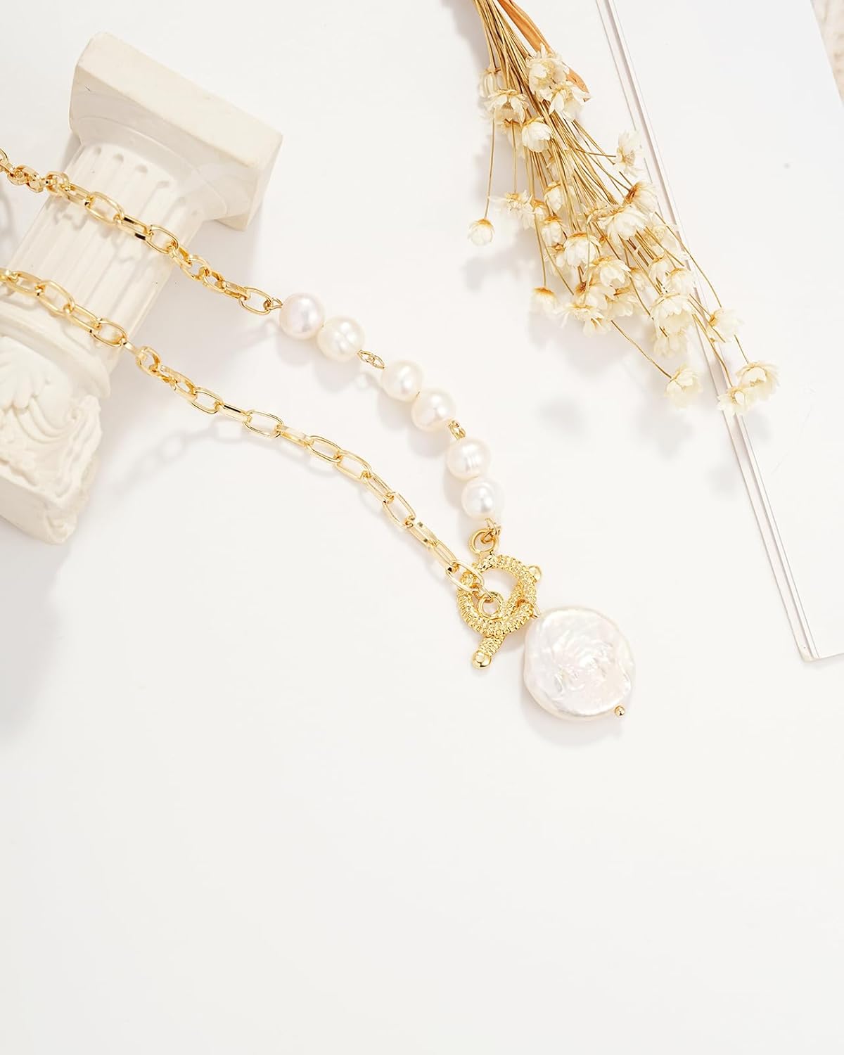 Pearl Necklaces For Women, 18K Gold Plated Baroque Pendant with Natural Freshwater Cultured Pearls Necklace Dainty Gold Choker Fashion Retro Link Chain Charm Valentine Jewelry for Women Gift - Image 2