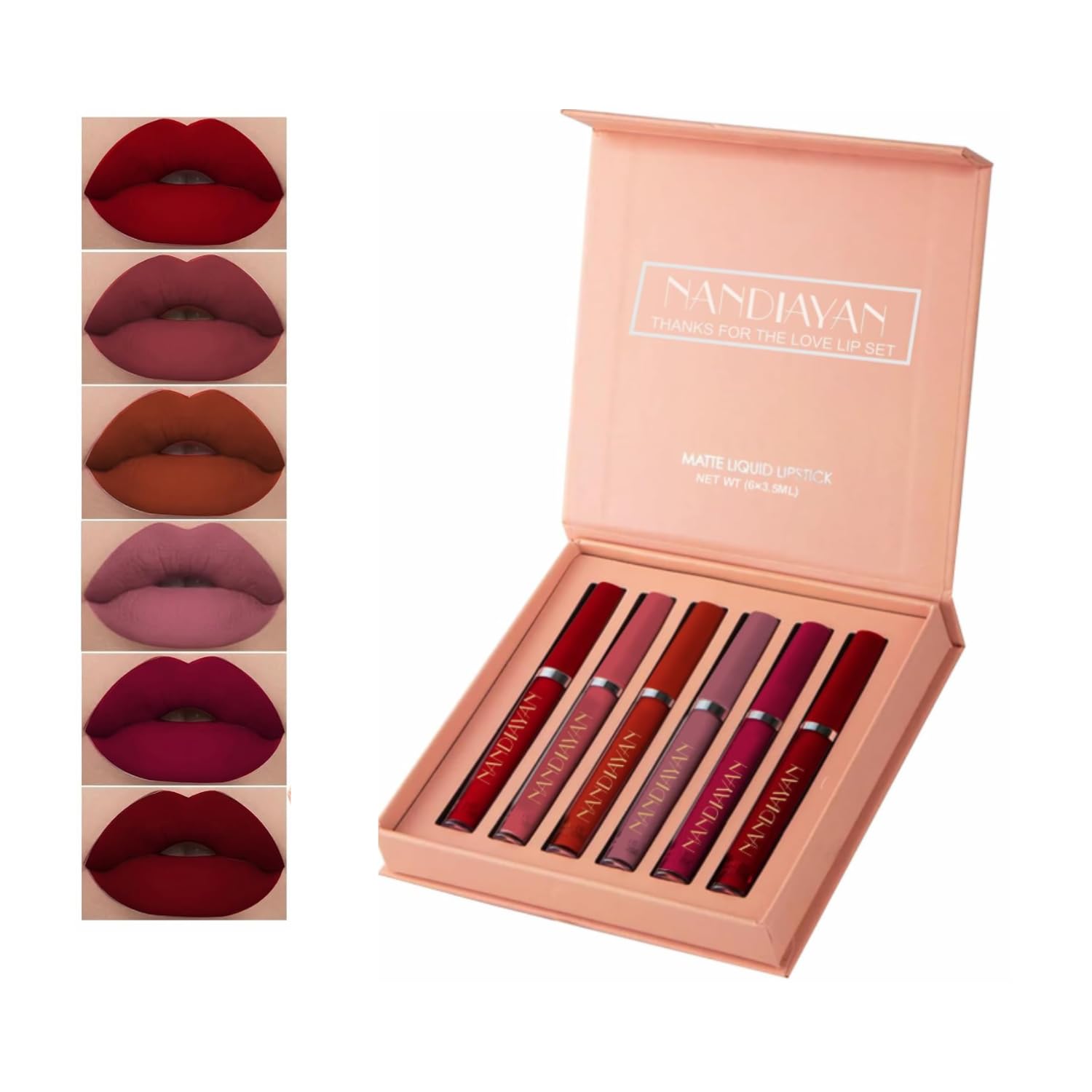 Nandiayan Liquide matte Lipstick Set of 6|Pink,Nude & Red lipstick Shades | Nandiayan Waterproof Long-Lasting Smudge-Proof | Highly Pigmented Perfect Liquid Lipstick gift set for women (Set A)-image-38