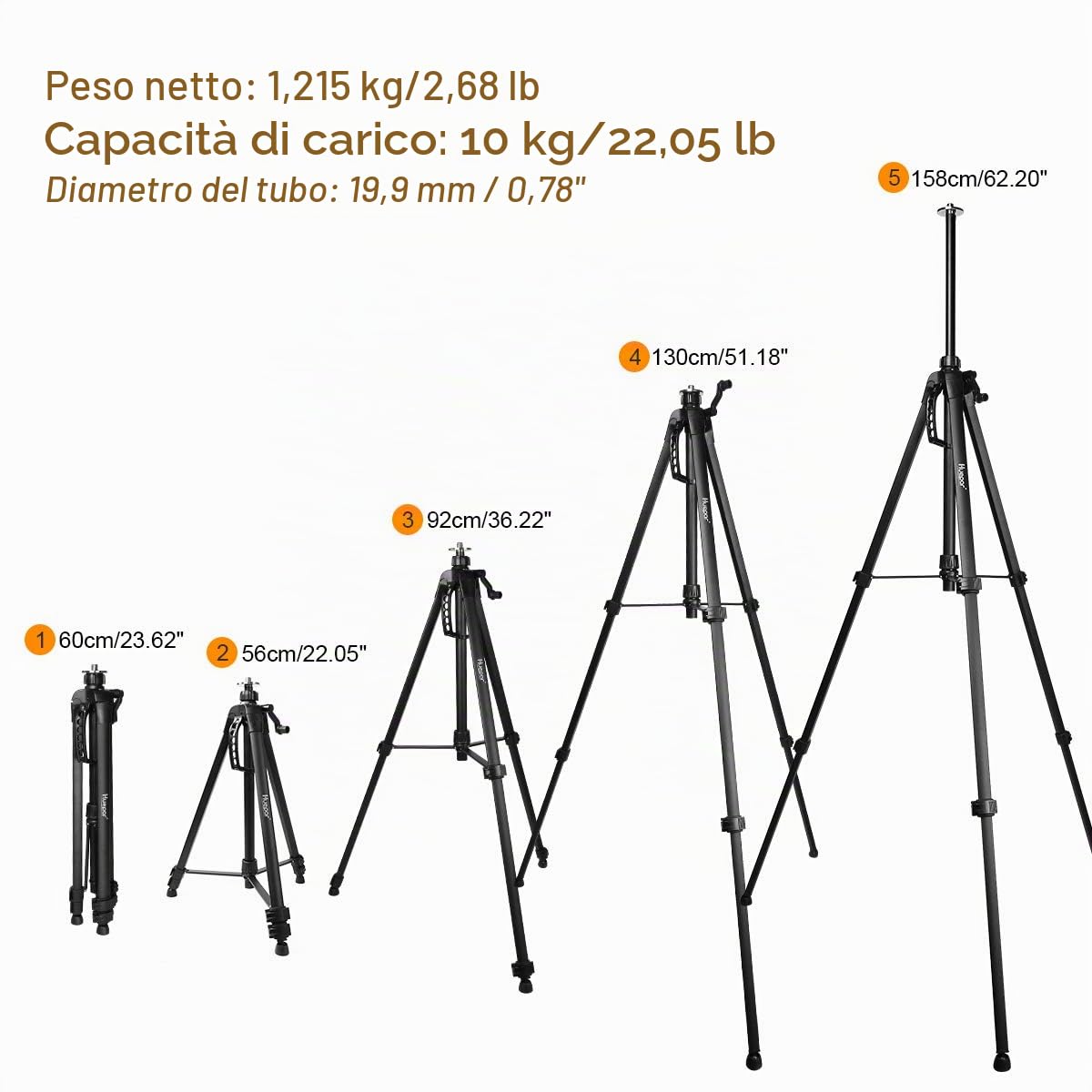 Huepar Treppiede 1,6 m Treppiede in alluminio per livella laser, con livella a bolla, con filettatura maschio da 5/8 "-11 e adattatore per vite da 1/4" -20, Borsa per il trasporto inclusa - TPD16
