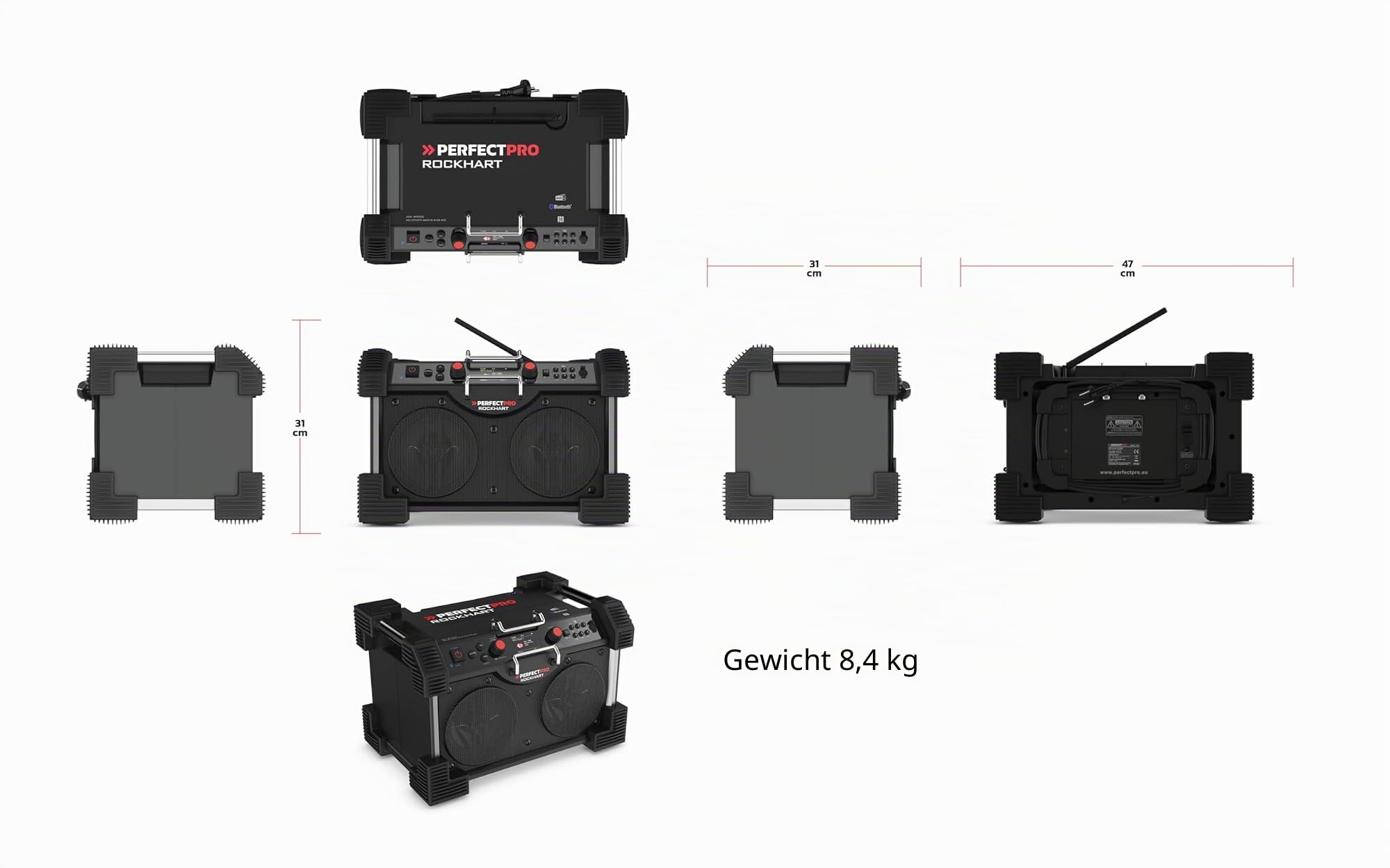 PerfectPro Baustellenradio ROCKHART, DAB+ und UKW-Empfang, Bluetooth, AUX-Eingang und USB-Eingang, Powerbank, Inklusive Ladegerät und Lithium-Akku, RH4