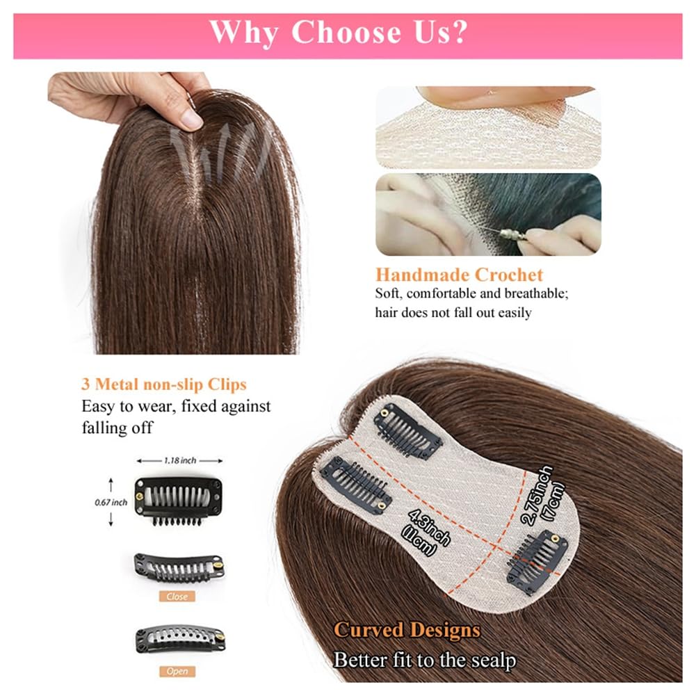 Haar Toppers für Frauen Echthaar Topper Natürlich Clip in Haarteil aus-Echthaar Flauschiger Glatter Hair-Topper Zum Einclipsen für Damen Dünner Werdendes-Haarteil Oberkopf 1B# 35cm