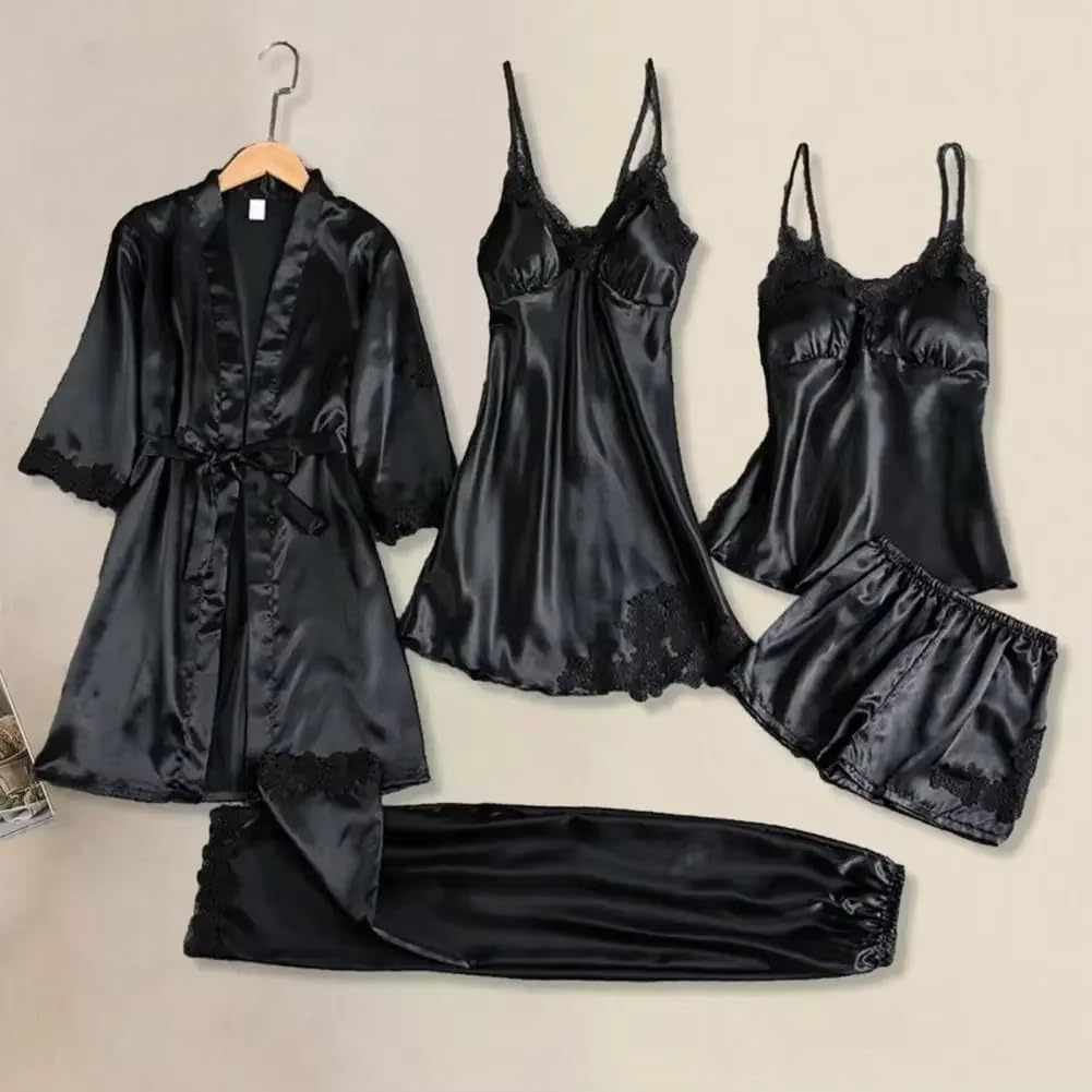 Women's 5-Piece Satin Pajama Set, Lace Robe, Nightdress