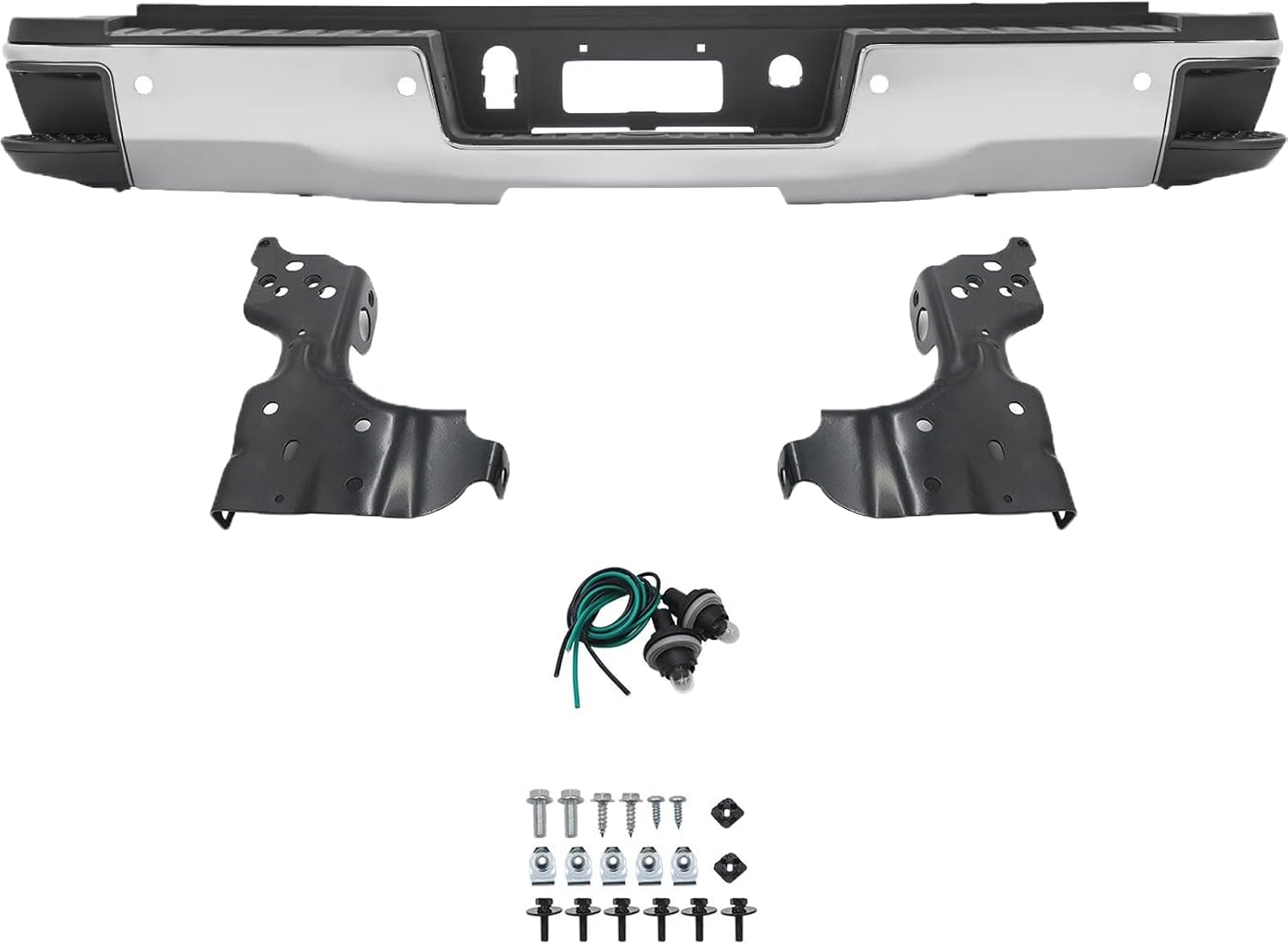 Rear Steel Step Bumper Assembly for 2015-2019 Chevy Silverado/GMC Sierra 2500 3500 HD with Park Sensor Holes Chrome Back Bumper Replacement for GM1103183,with Pads Brackets and License Plate Lights