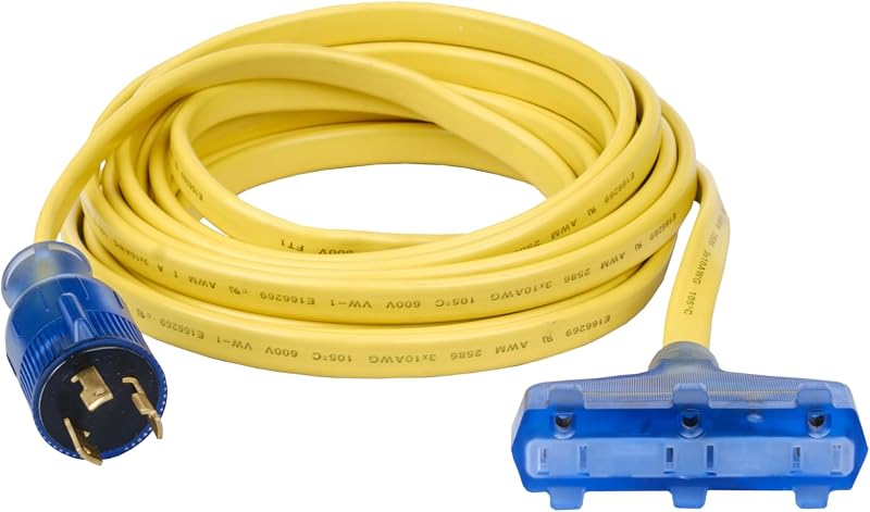 30AMP 125V Twist Lock Generator Flat Extension Cord (25 Feet) Three 15AMP Household 125V outlets, LED Indicator, Weather Resistant, 10 Gauge Wire, Portable Generators for Home use