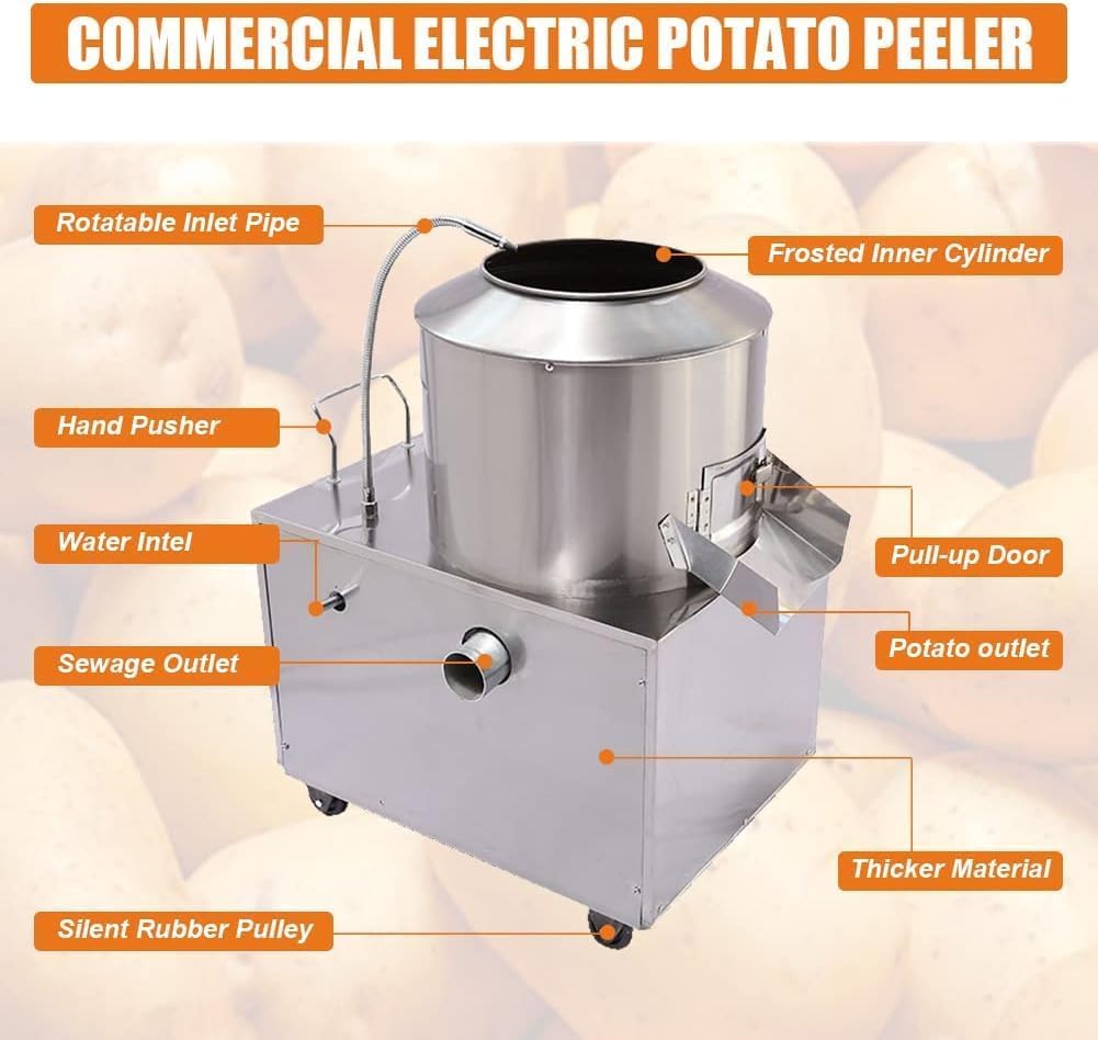 Peladora automática de patatas, 1500 W, acero inoxidable, ruedas giratorias, alta eficiencia para restaurantes y catering, hasta 220 kg/h