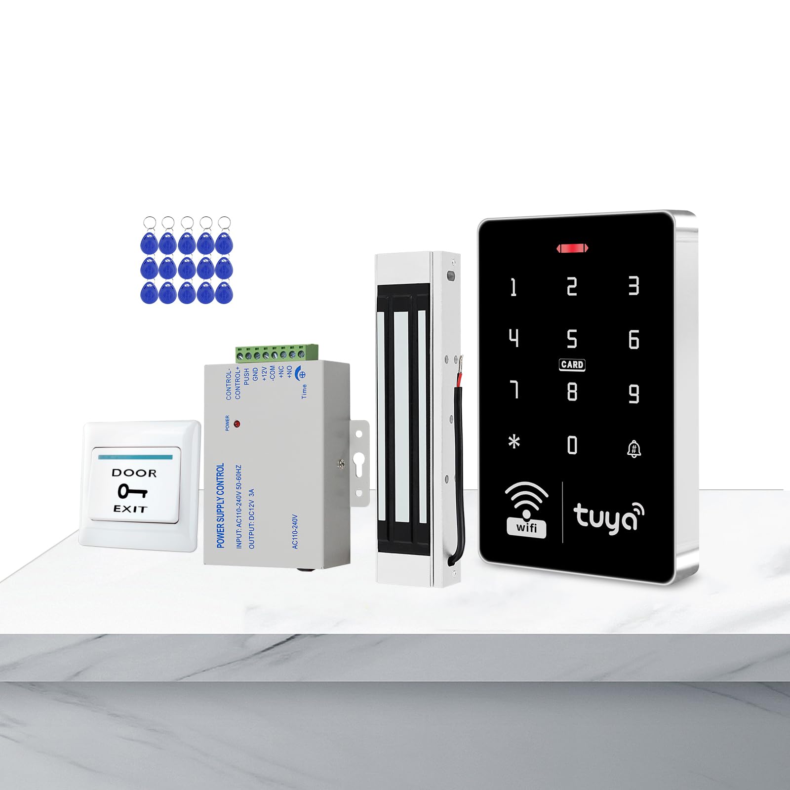 Kit Controllo Accessi WiFi Tuya, Tastiera RFID Impermeabile IP68, Serratura Magnetica 180KG/350lbs, Alimentatore DC12V, 10000 Utenti per Casa e Ufficio