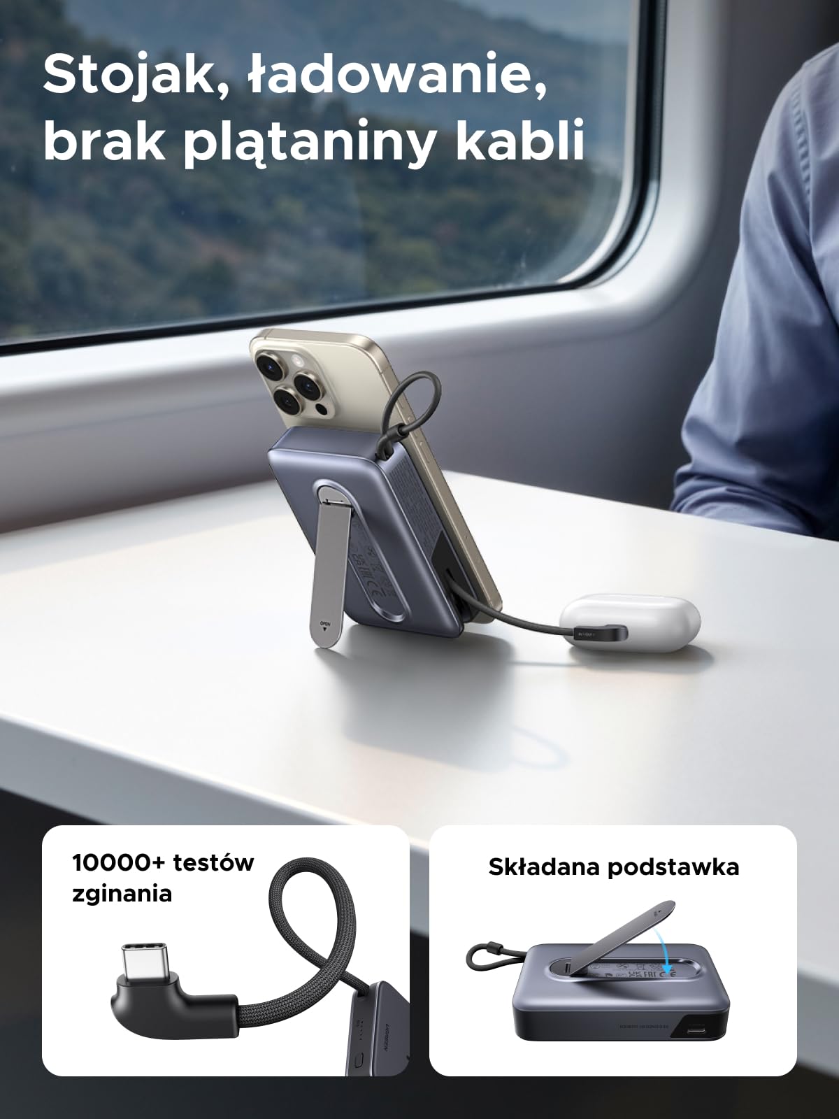 UGREEN Zapix 10000mAh Qi2 15W Magnetyczny Powerbank z USB-C 30W | Certyfikat Qi2, Zintegrowany Kabel, iPhone 17–12, Składana Podstawka, Idealny do podróży i dojazdów do pracy