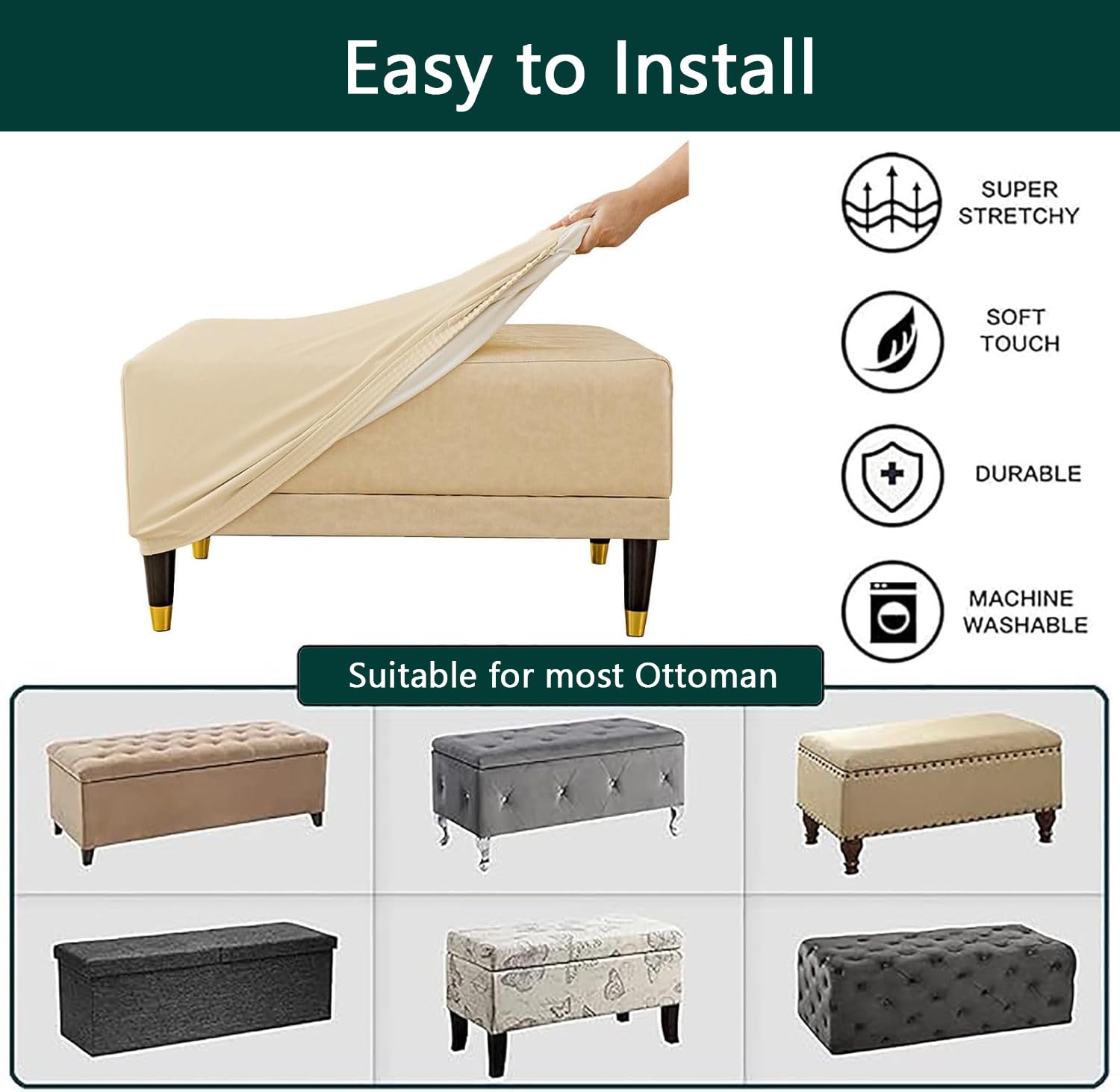 Funda Impermeable Para Otomana Cuadrada - Piel Sintética, Elástica, Protectora Para Sala (Gris Claro, Grande)