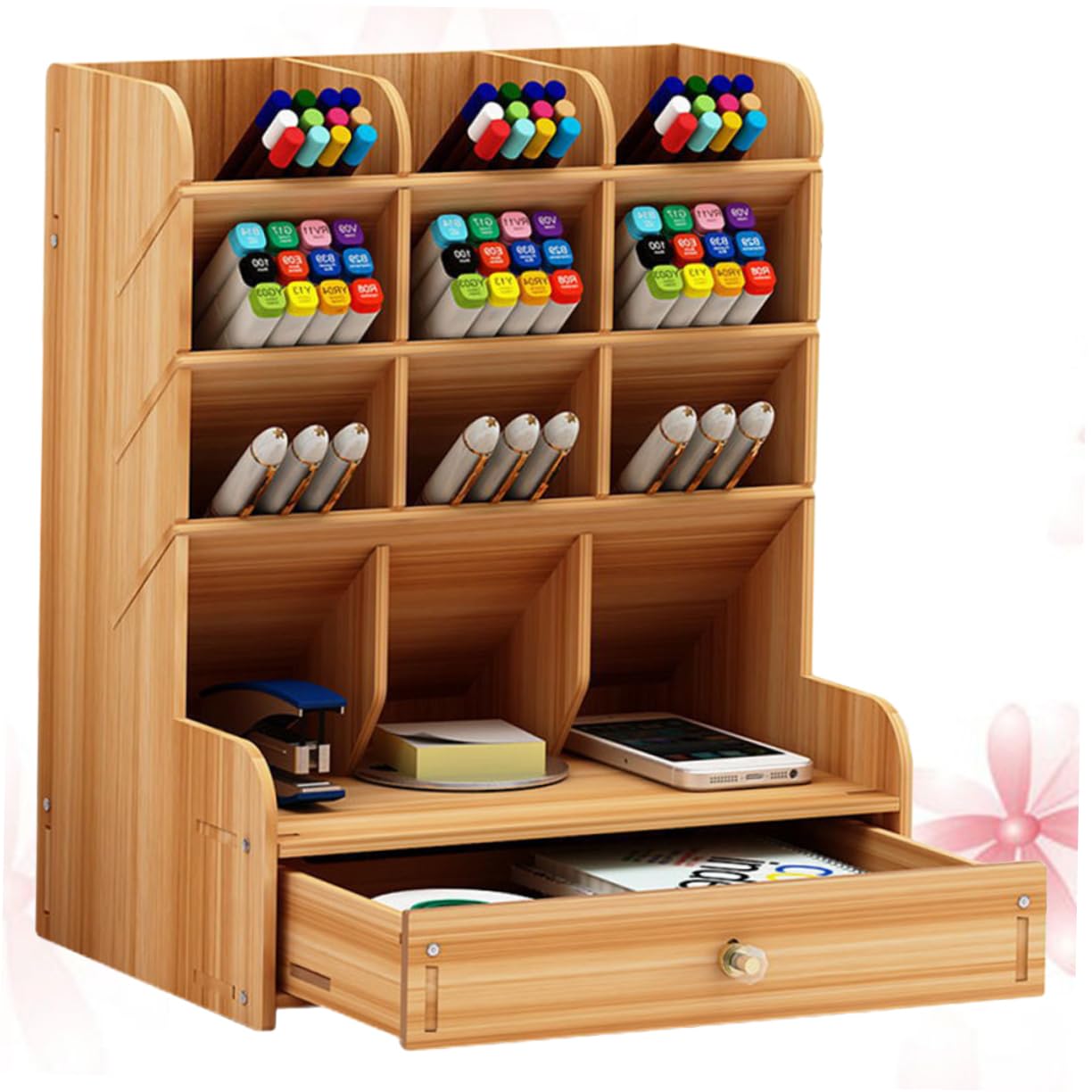 Boîte de rangement porte-stylos en bois de cerisier grande capacité
